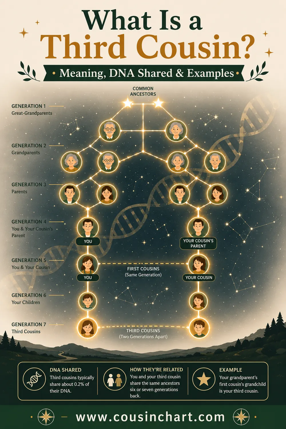 Infographic explaining what a third cousin is and how much DNA they share