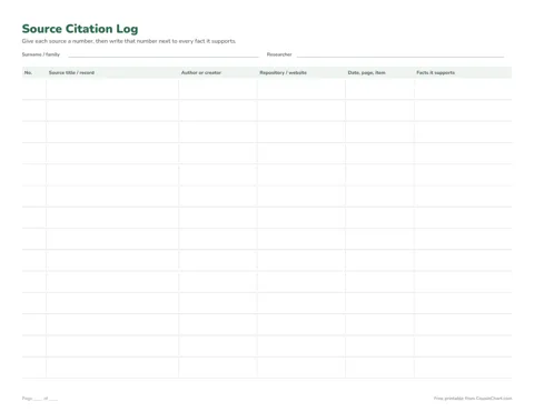 Source Citation Log printable preview